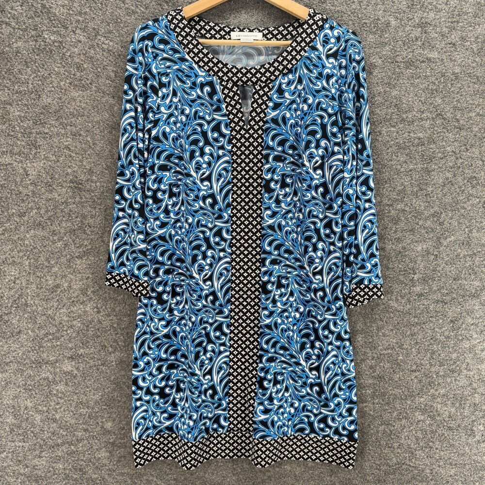 Liz Claiborne Dress Women M Medium Blue Geometric Shift Midi Long Sleeve Casual